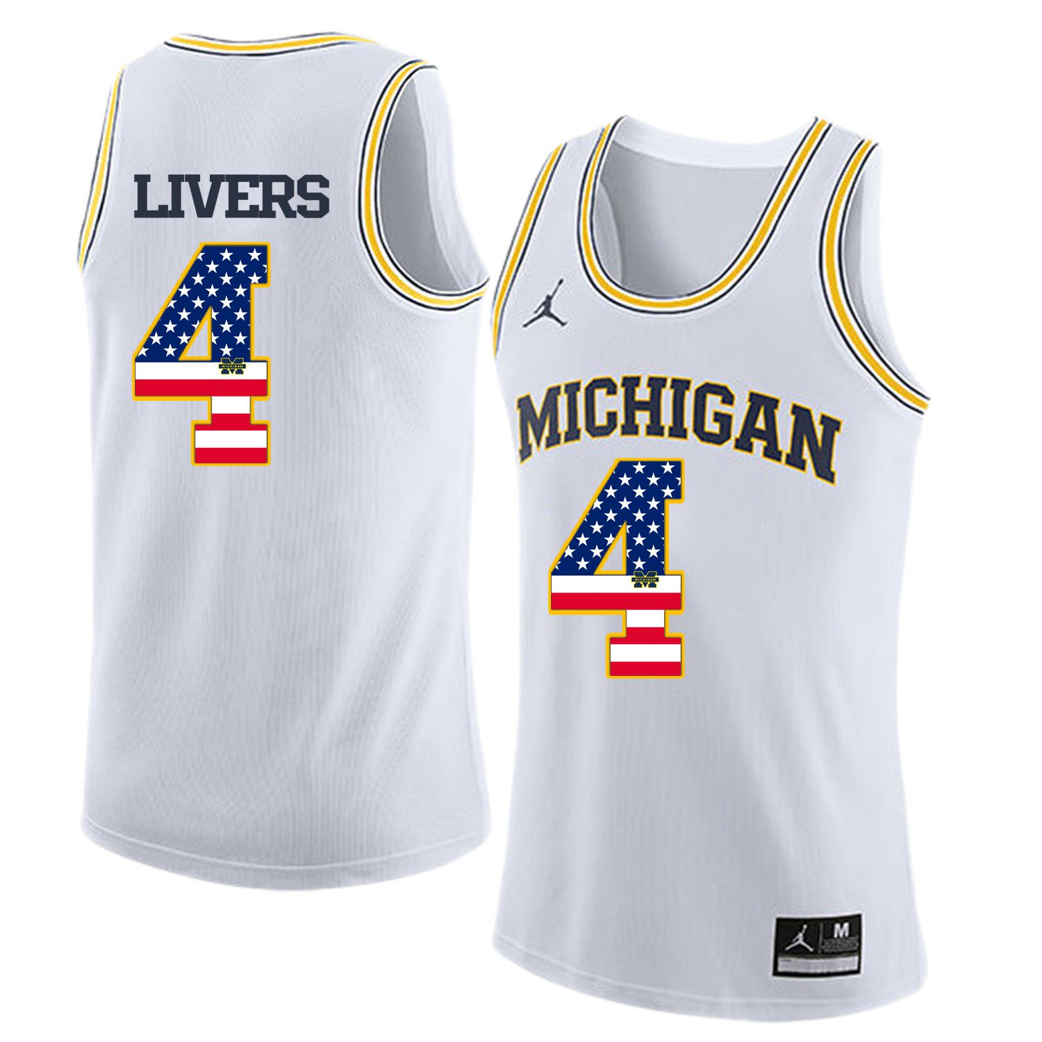 Men Jordan University of Michigan Basketball White #4 Livers Flag Customized NCAA Jerseys->customized ncaa jersey->Custom Jersey